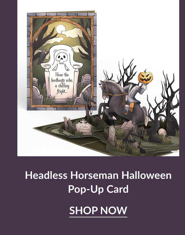 Headless Horseman Halloween pop-up card with rider holding pumpkin head