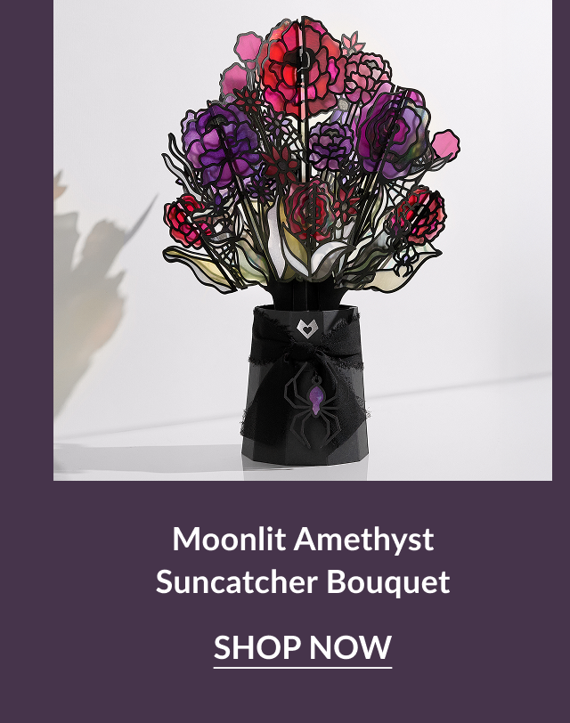 Moonlit Amethyst stained-glass style bouquet with spider bow
