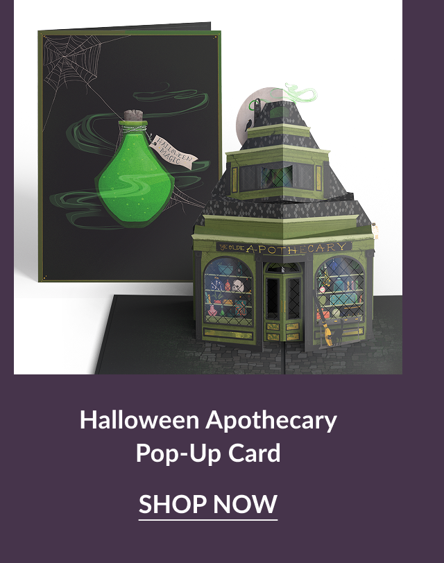 Halloween Apothecary pop-up card with green potion and spooky shop