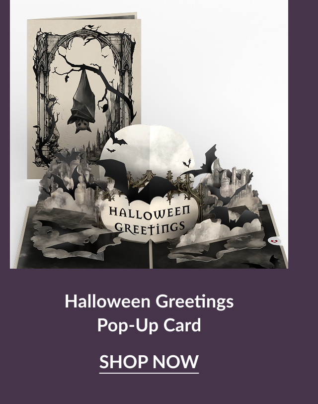 Halloween Greetings pop-up card with bats, gothic arch, and spooky scene