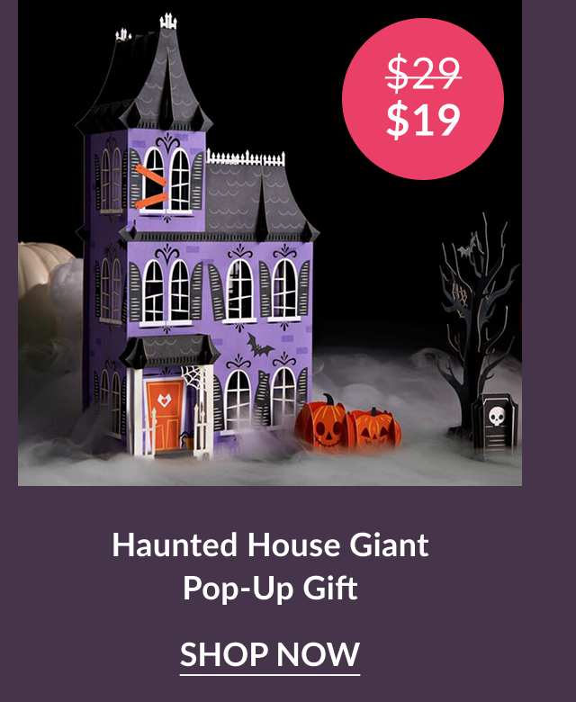 Purple Haunted House giant pop-up gift with pumpkins and spooky tree