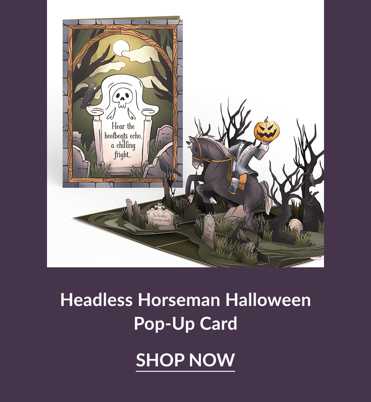 Headless Horseman Halloween pop-up card with rider holding pumpkin head