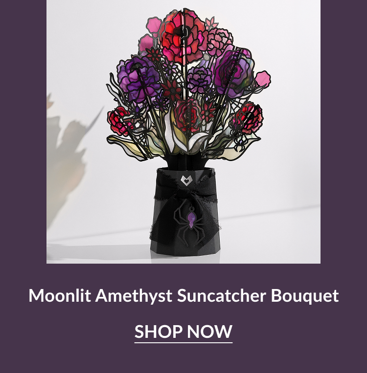 Moonlit Amethyst stained-glass style bouquet with spider bow