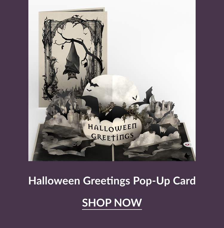 Halloween Greetings pop-up card with bats, gothic arch, and spooky scene