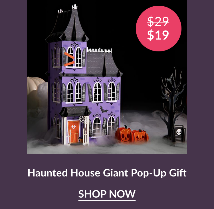 Purple Haunted House giant pop-up gift with pumpkins and spooky tree