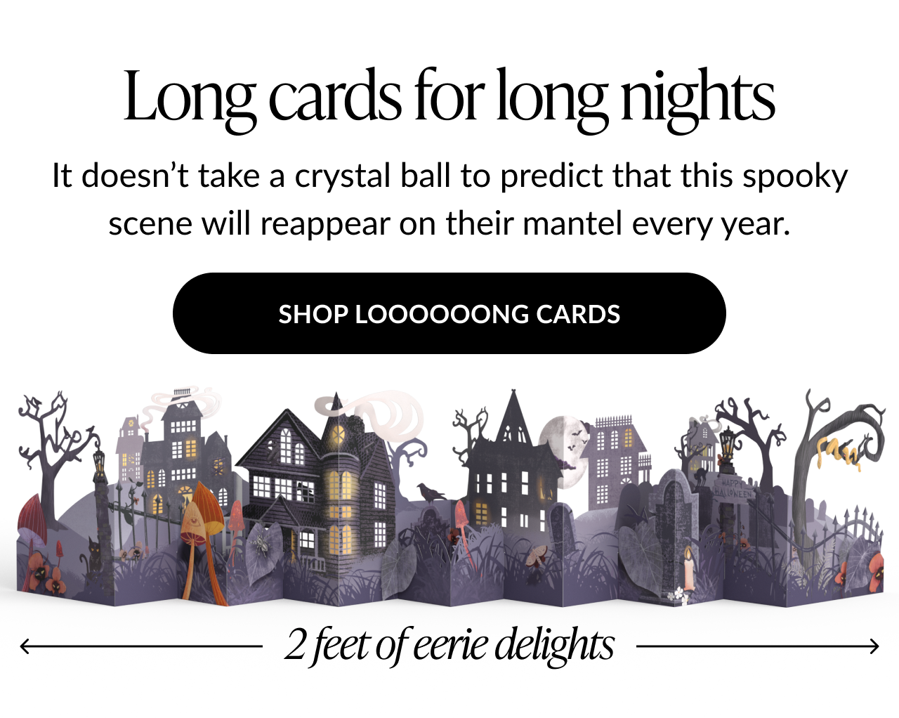 Halloween long pop-up card showing eerie haunted houses and graveyard