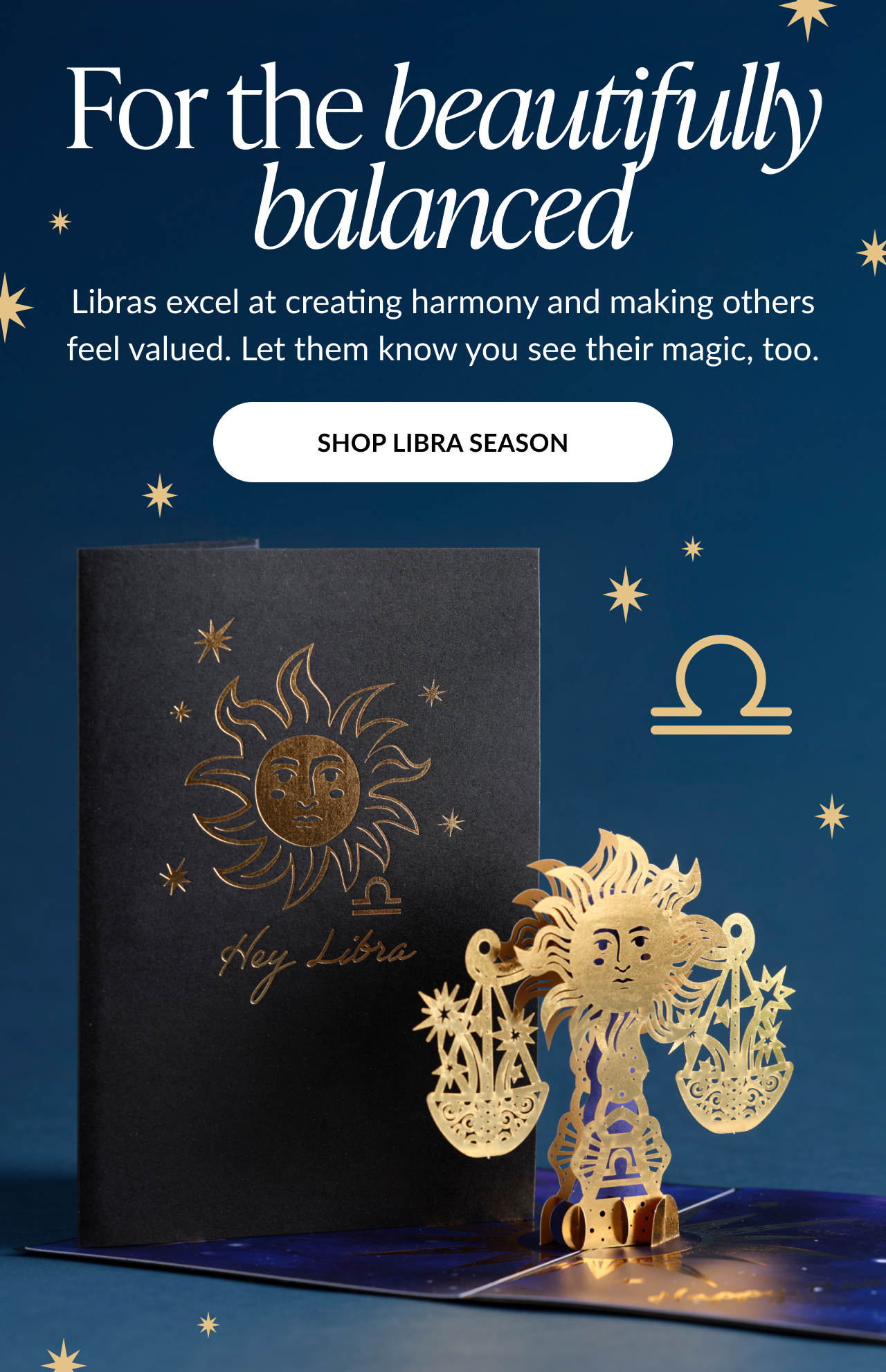 For the beautifully balanced Libra zodiac card with gold sun and scales design