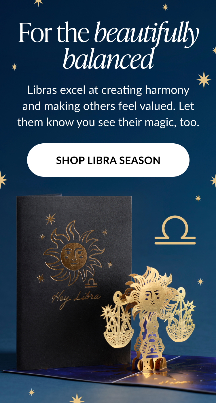 For the beautifully balanced Libra zodiac card with gold sun and scales design