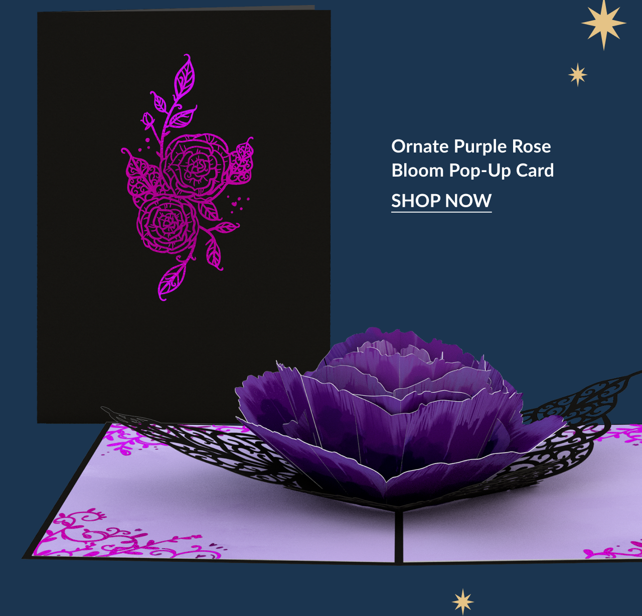 Ornate Purple Rose Bloom Pop-Up Card with black cover and bright purple rose inside