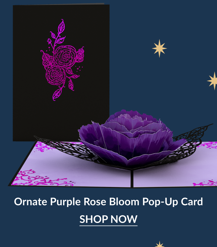 Ornate Purple Rose Bloom Pop-Up Card with black cover and bright purple rose inside