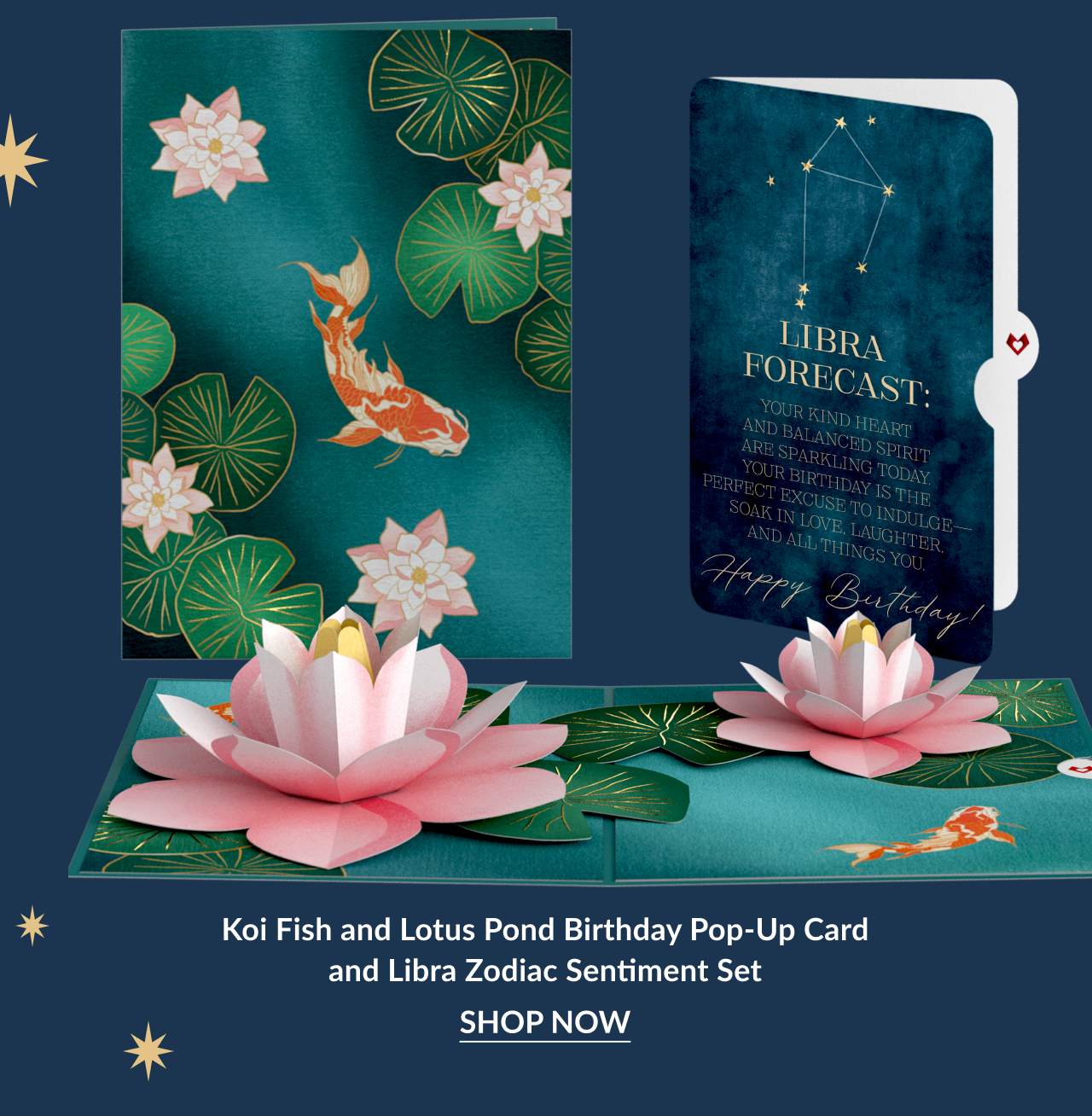 Koi Fish and Lotus Pond Birthday Pop-Up Card with Libra Zodiac Sentiment Set