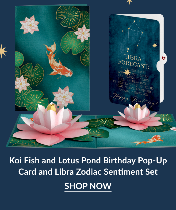 Koi Fish and Lotus Pond Birthday Pop-Up Card with Libra Zodiac Sentiment Set