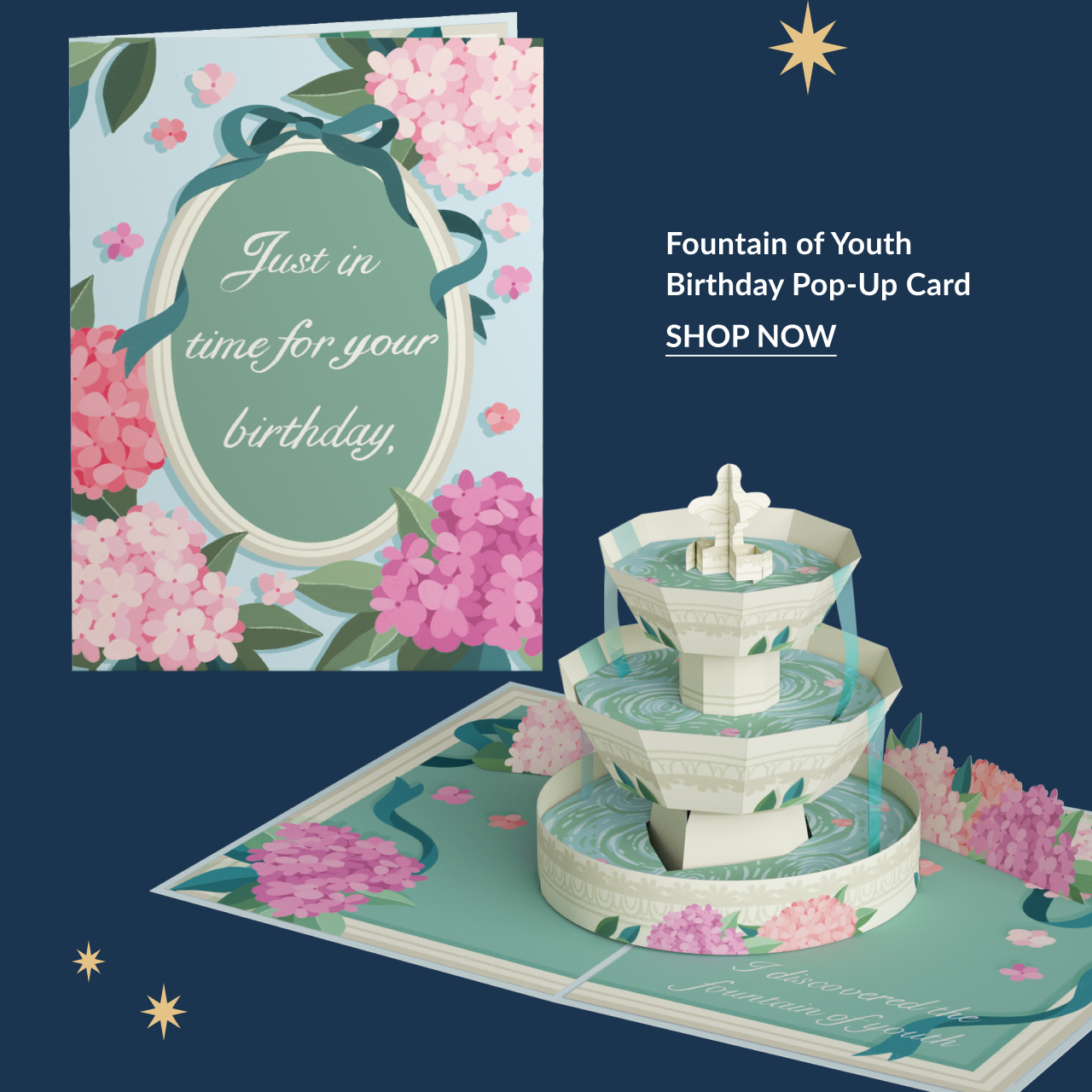 Fountain of Youth Birthday Pop-Up Card with layered white fountain and floral details