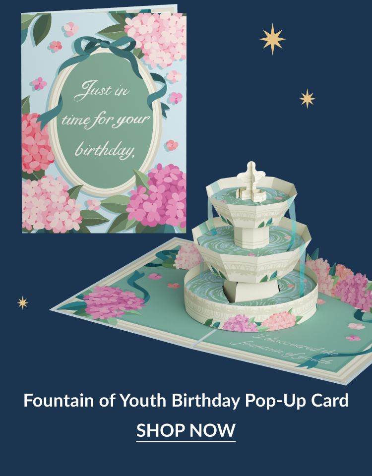 Fountain of Youth Birthday Pop-Up Card with layered white fountain and floral details