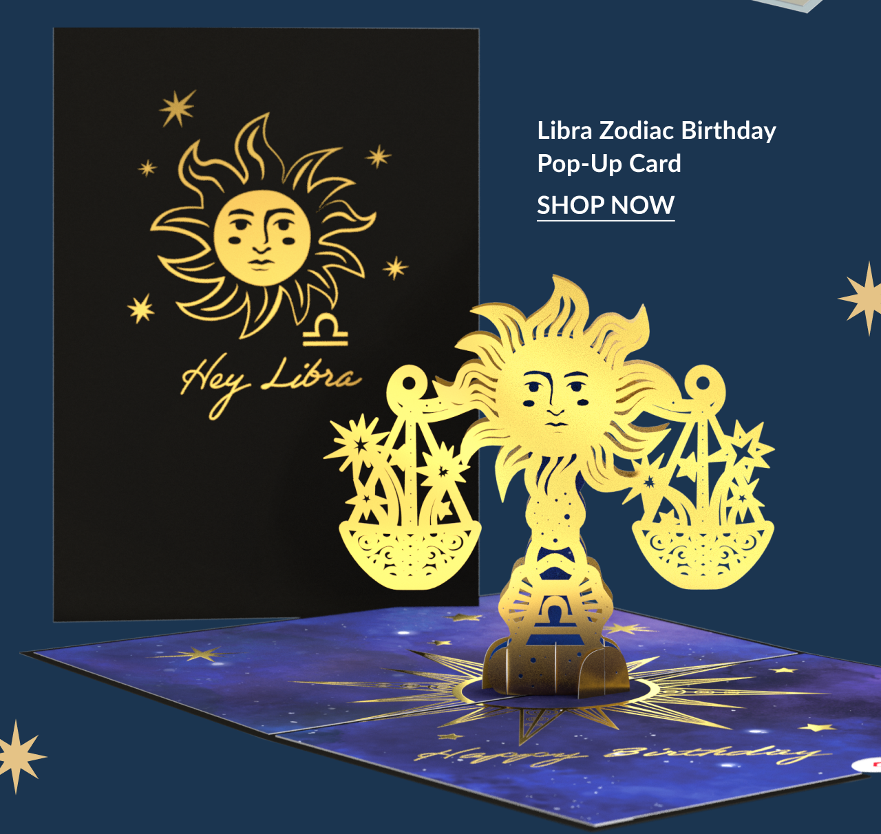 Libra Zodiac Birthday Pop-Up Card featuring gold sun face and balanced scales