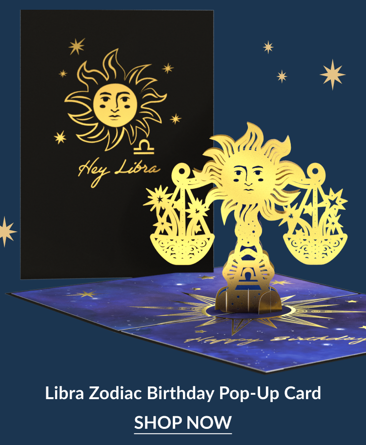 Libra Zodiac Birthday Pop-Up Card featuring gold sun face and balanced scales