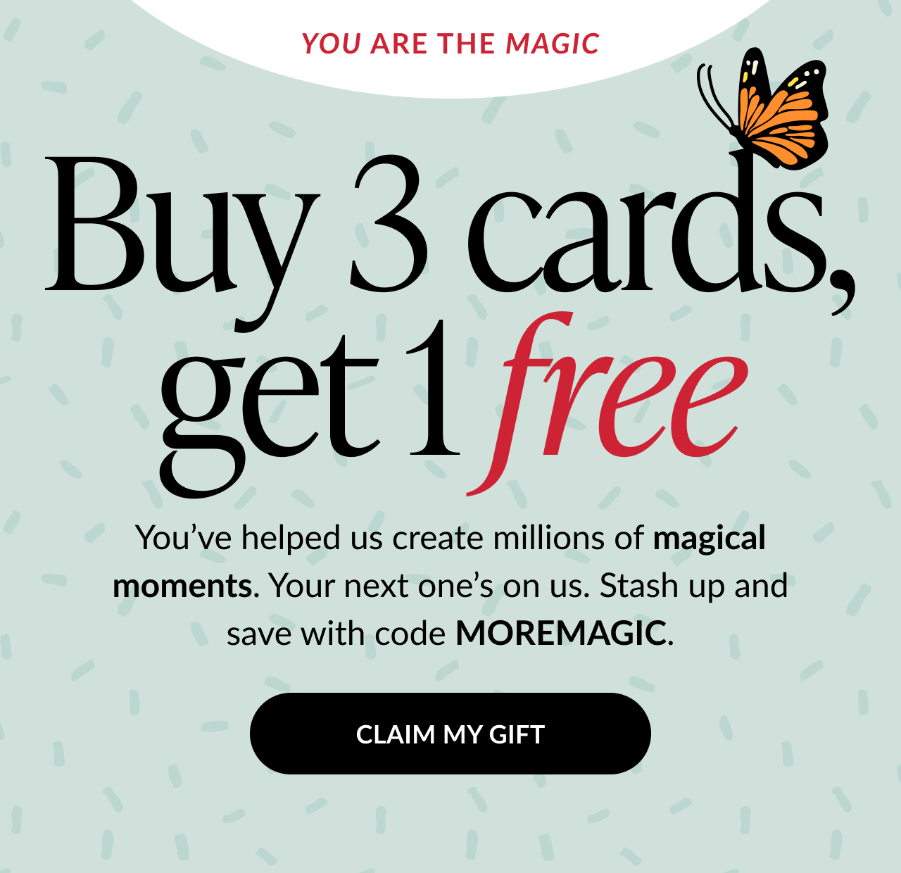 Buy 3 cards, get 1 free promotion with butterfly graphic and button to claim gift