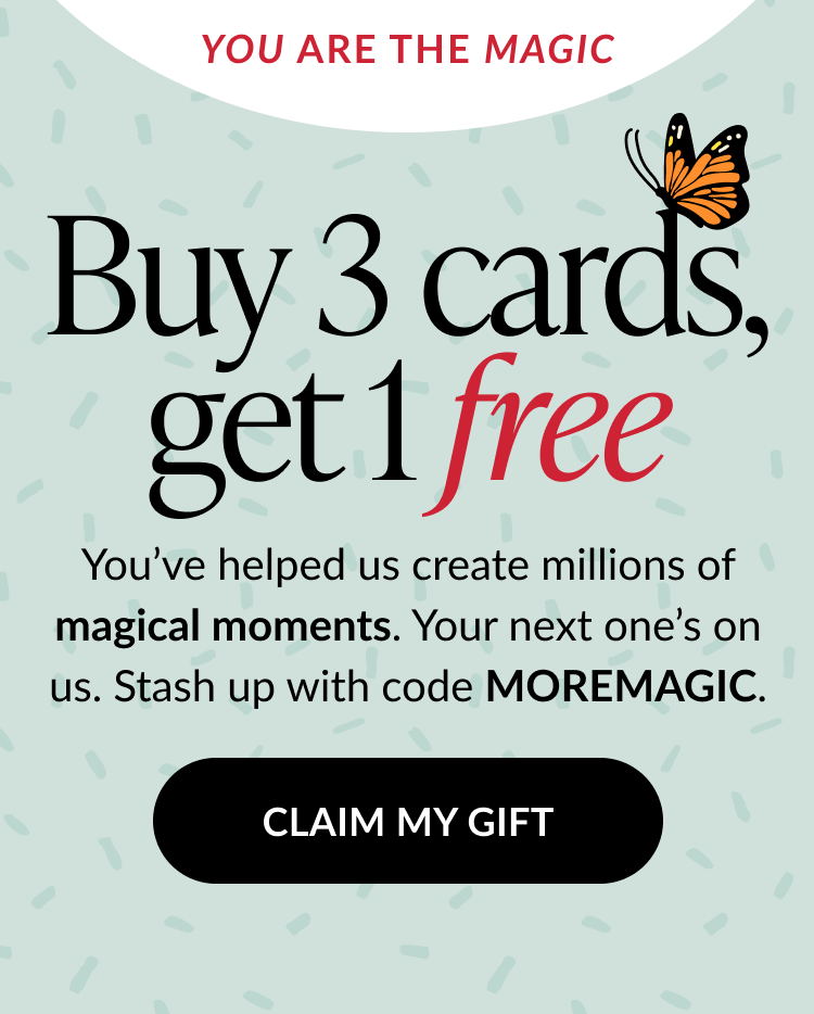 Buy 3 cards, get 1 free promotion with butterfly graphic and button to claim gift