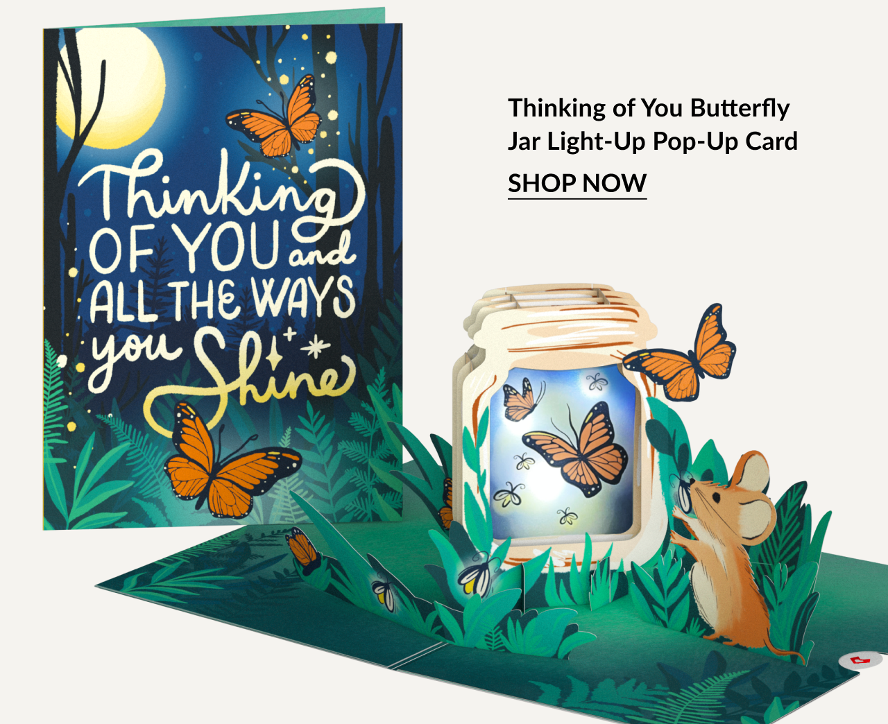 Thinking of You Butterfly Jar Light-Up Pop-Up Card with orange butterflies and mouse holding a leaf