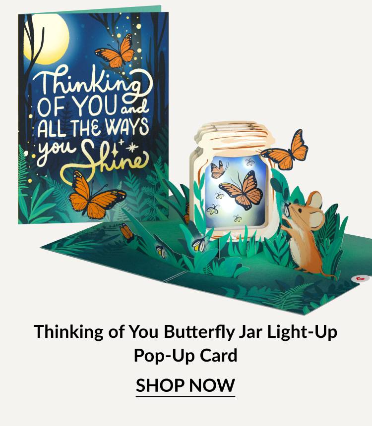 Thinking of You Butterfly Jar Light-Up Pop-Up Card with orange butterflies and mouse holding a leaf
