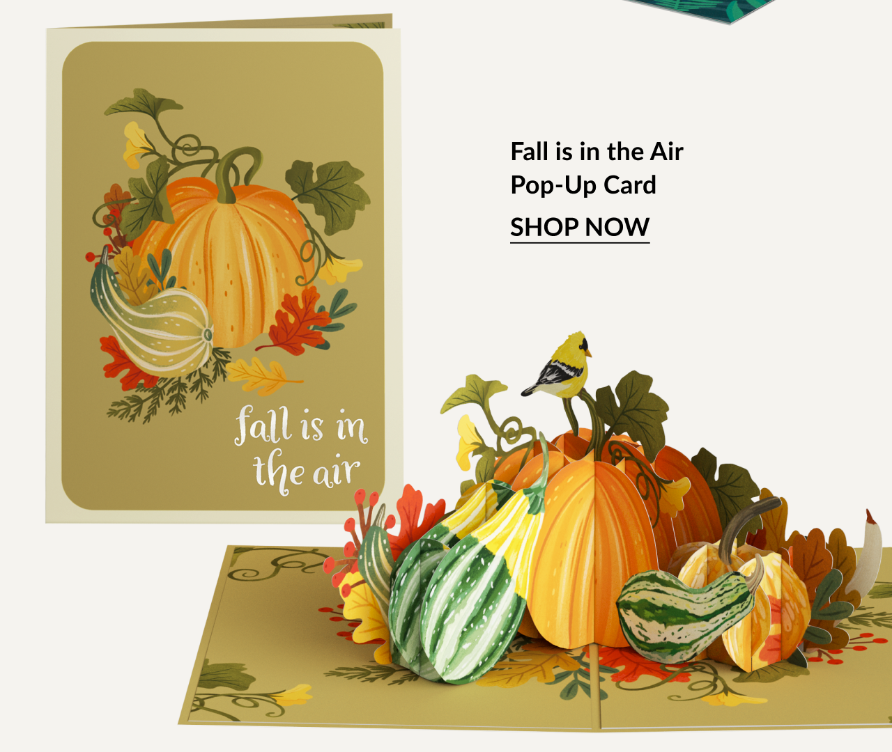 Fall is in the Air Pop-Up Card with pumpkins gourds autumn leaves and small yellow bird