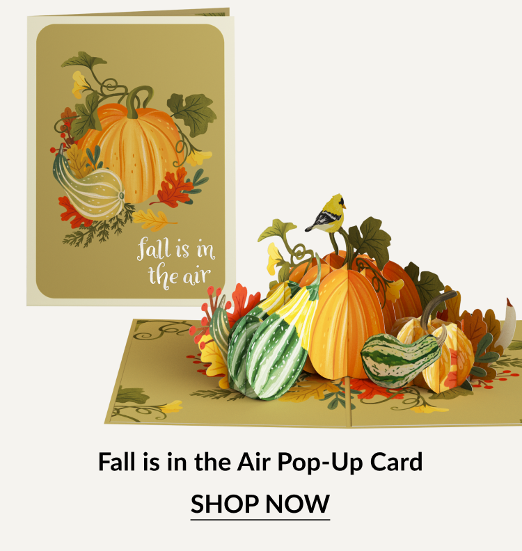 Fall is in the Air Pop-Up Card with pumpkins gourds autumn leaves and small yellow bird