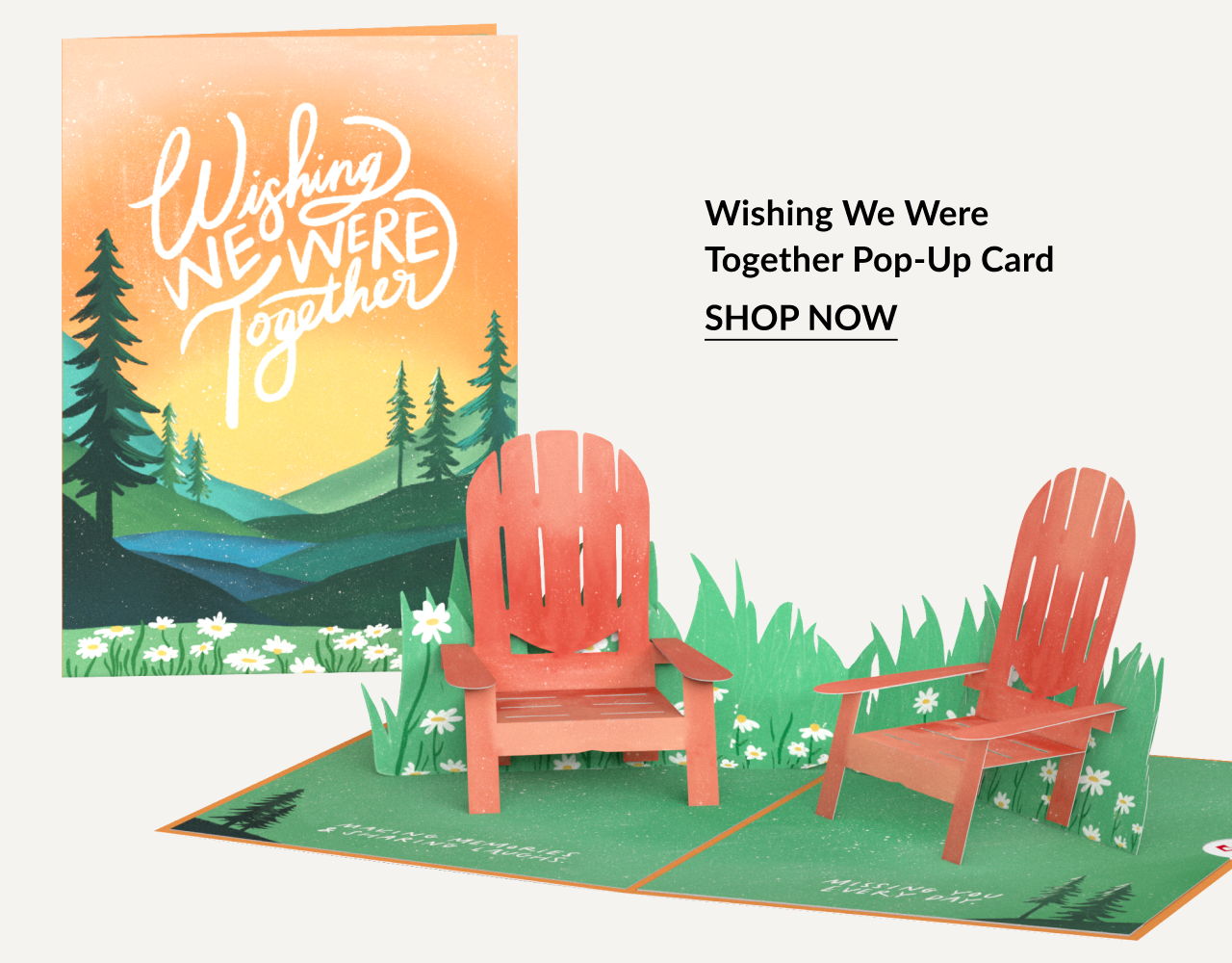 Wishing We Were Together Pop-Up Card with sunset mountains and two red Adirondack chairs