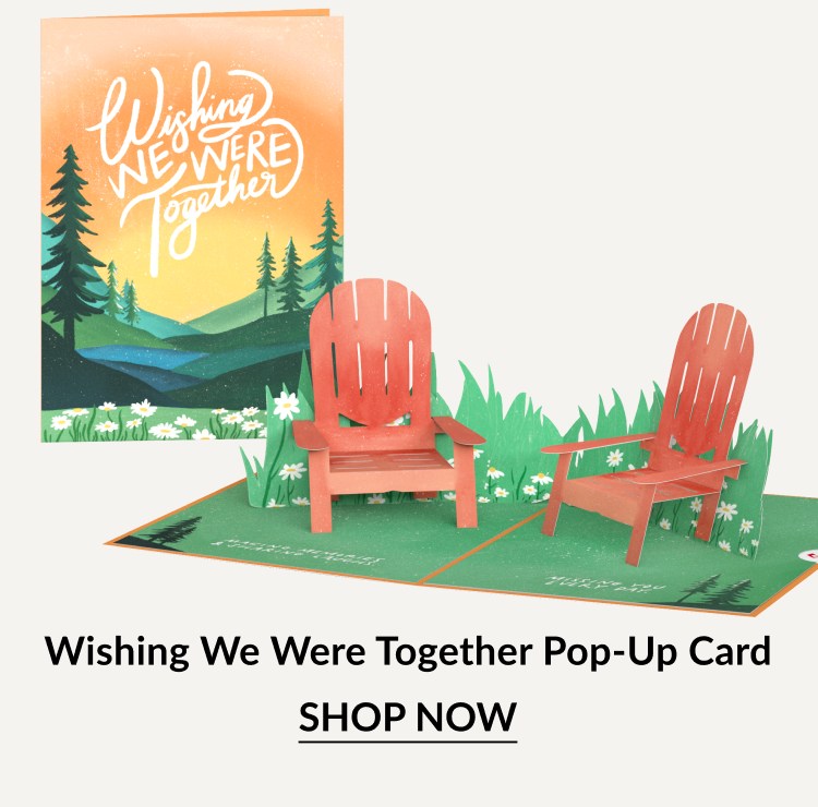 Wishing We Were Together Pop-Up Card with sunset mountains and two red Adirondack chairs