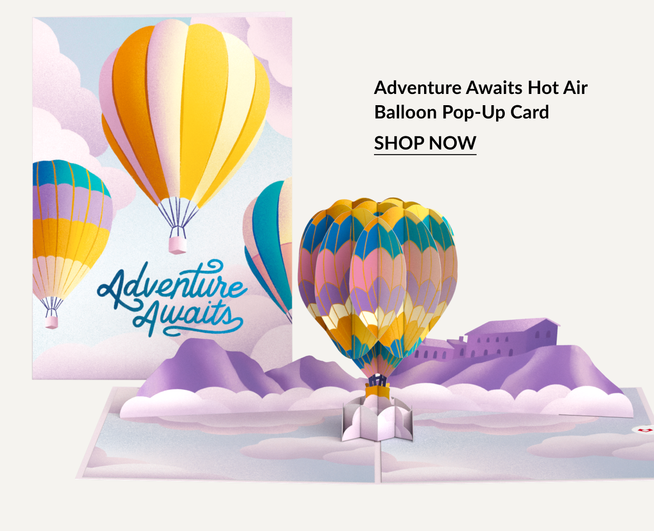 Adventure Awaits Hot Air Balloon Pop-Up Card with colorful balloons floating over purple hills