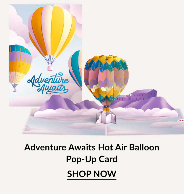 Adventure Awaits Hot Air Balloon Pop-Up Card with colorful balloons floating over purple hills