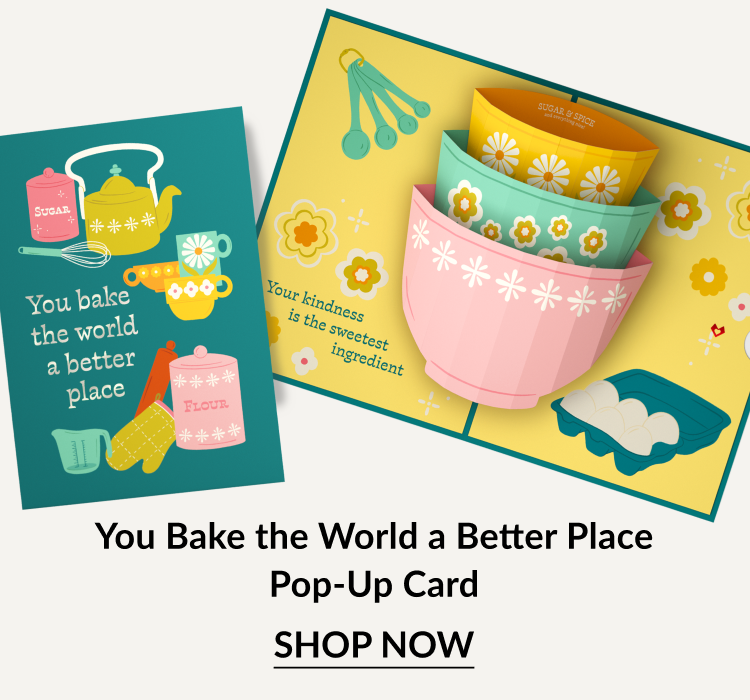 You Bake the World a Better Place Pop-Up Card with vintage kitchen bowls flour sugar and eggs