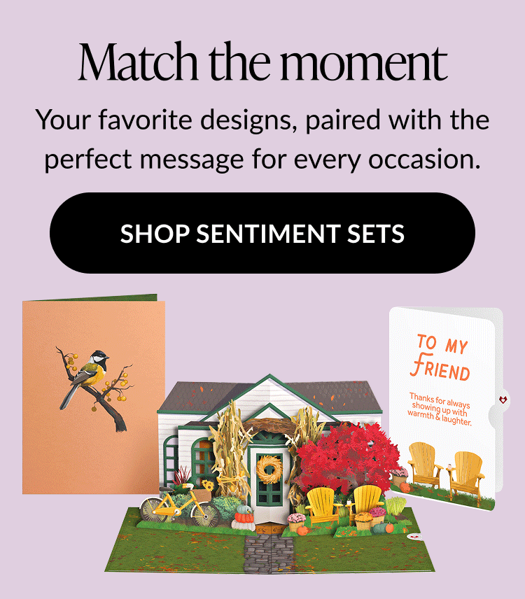 Match the moment sentiment sets featuring pop-up house with autumn décor and cards for friends