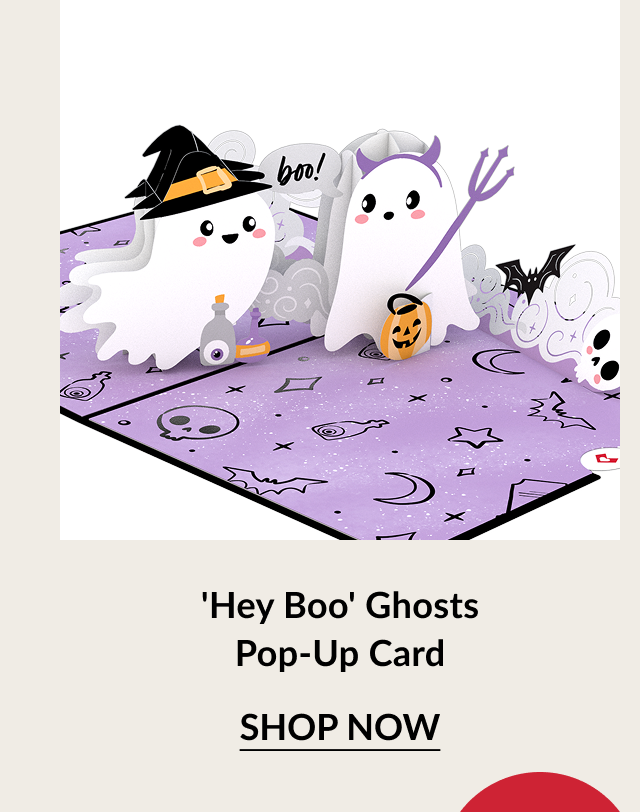 ‘Hey Boo’ Ghosts Pop-Up Card with two smiling ghosts on purple Halloween background. Button: Shop now