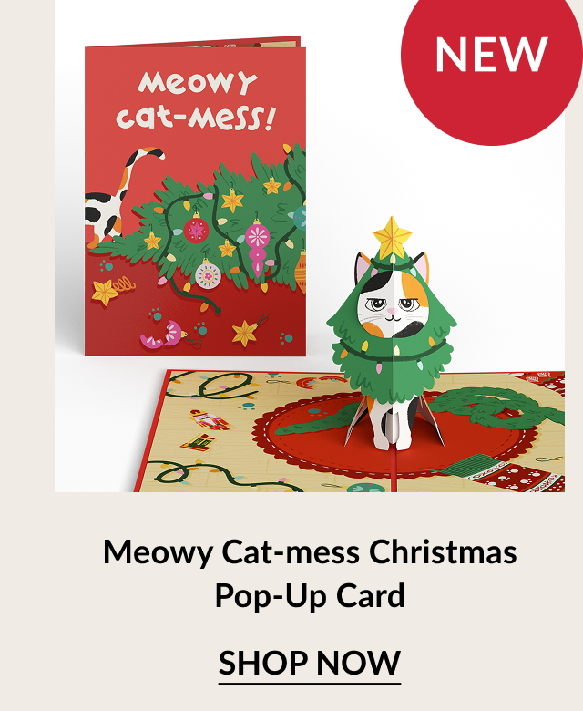 Meowy Cat-mess Christmas Pop-Up Card with cat dressed as Christmas tree. Label: New. Button: Shop now