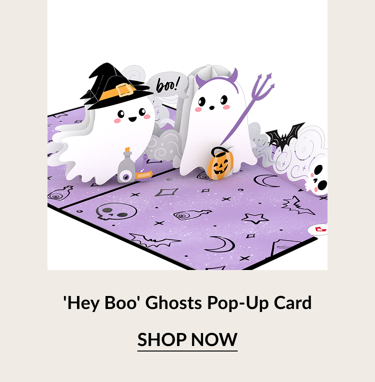 ‘Hey Boo’ Ghosts Pop-Up Card with two smiling ghosts on purple Halloween background. Button: Shop now