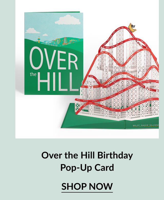 Over the Hill Birthday Pop-Up Card with green cover and roller coaster pop-up. Button: Shop now