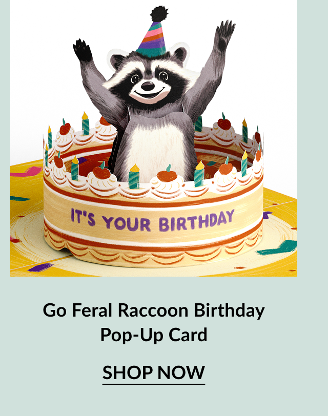 Go Feral Raccoon Birthday Pop-Up Card with raccoon in party hat popping out of cake. Button: Shop now