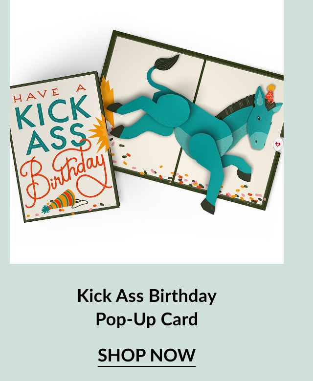 Kick Ass Birthday Pop-Up Card with teal donkey and confetti. Button: Shop now
