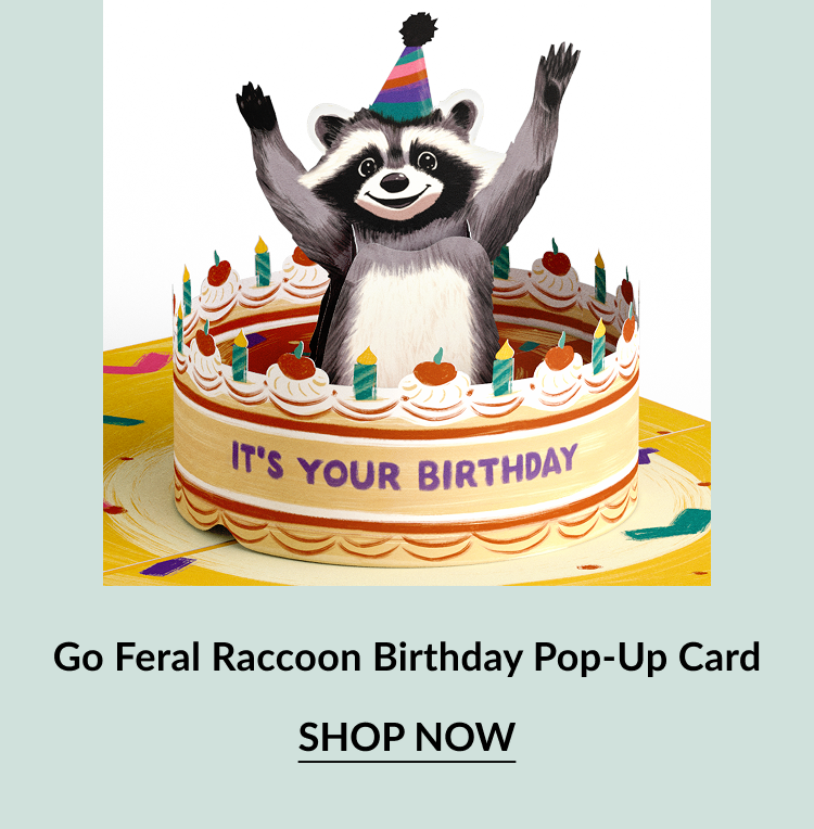 Go Feral Raccoon Birthday Pop-Up Card with raccoon in party hat popping out of cake. Button: Shop now