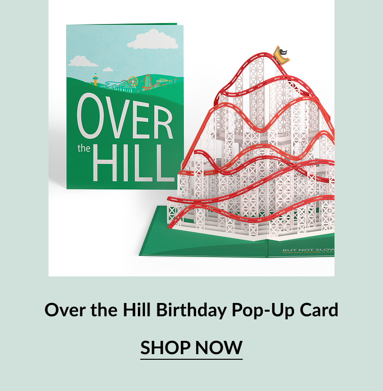 Over the Hill Birthday Pop-Up Card with green cover and roller coaster pop-up. Button: Shop now