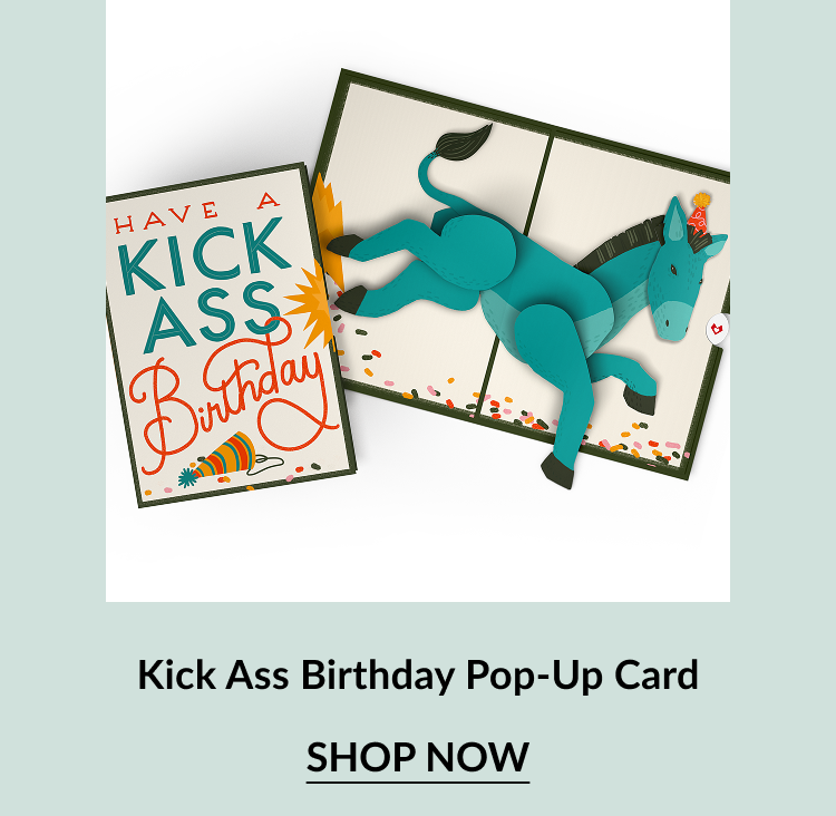 Kick Ass Birthday Pop-Up Card with teal donkey and confetti. Button: Shop now