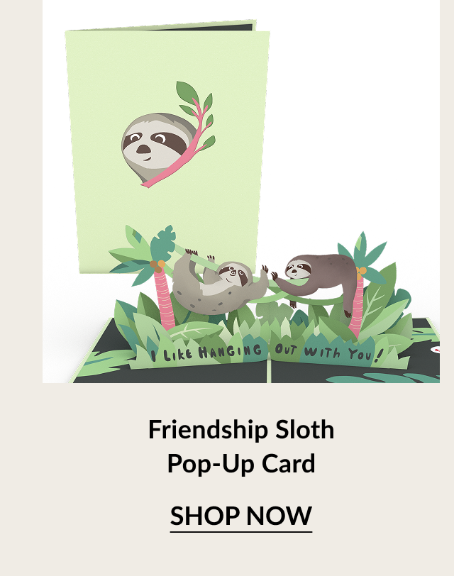 Friendship Sloth Pop-Up Card with two sloths hanging out in trees. Button: Shop now