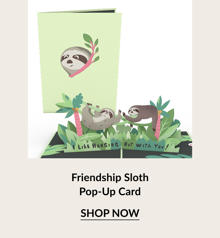 Friendship Sloth Pop-Up Card with two sloths hanging out in trees. Button: Shop now