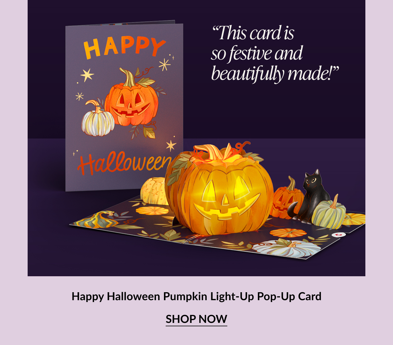 Happy Halloween Pumpkin Light-Up Pop-Up Card with glowing jack-o’-lantern and black cat