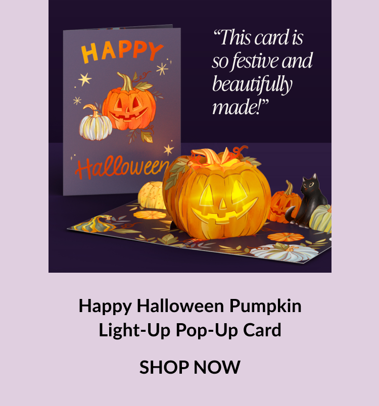 Happy Halloween Pumpkin Light-Up Pop-Up Card with glowing jack-o’-lantern and black cat