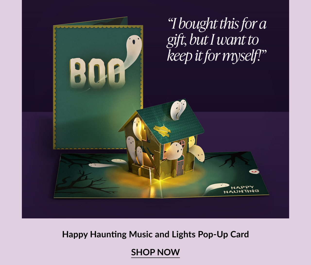 Happy Haunting Music and Lights Pop-Up Card with glowing haunted house and ghosts