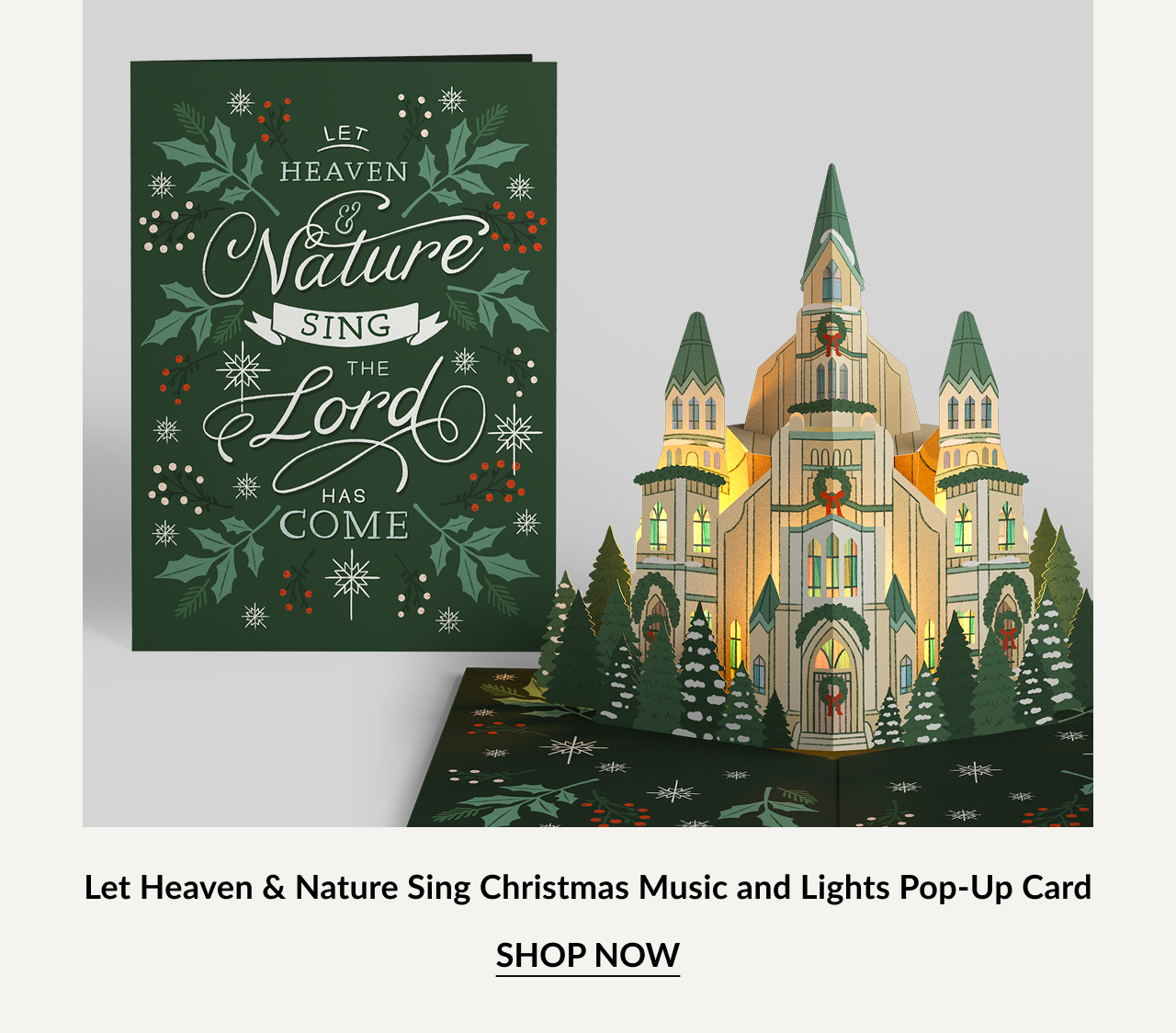 Let Heaven & Nature Sing Christmas Music and Lights Pop-Up Card with illuminated cathedral and trees