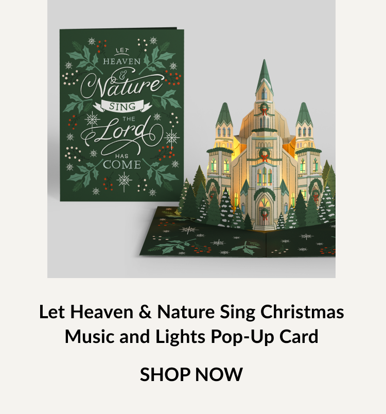 Let Heaven & Nature Sing Christmas Music and Lights Pop-Up Card with illuminated cathedral and trees
