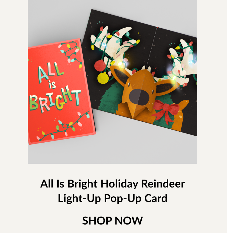 All Is Bright Holiday Reindeer Light-Up Pop-Up Card with glowing antlers wrapped in lights