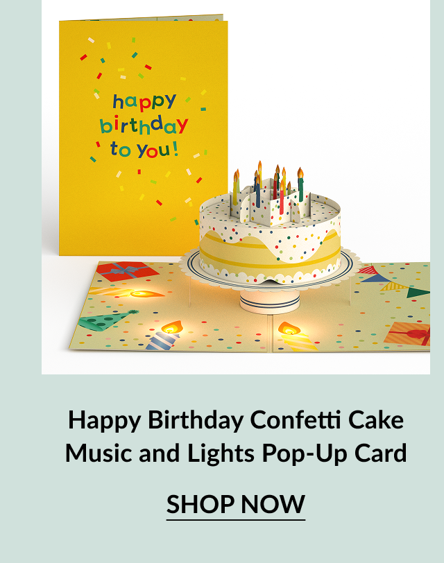 Happy Birthday Confetti Cake Music and Lights Pop-Up Card with glowing candles and layered cake